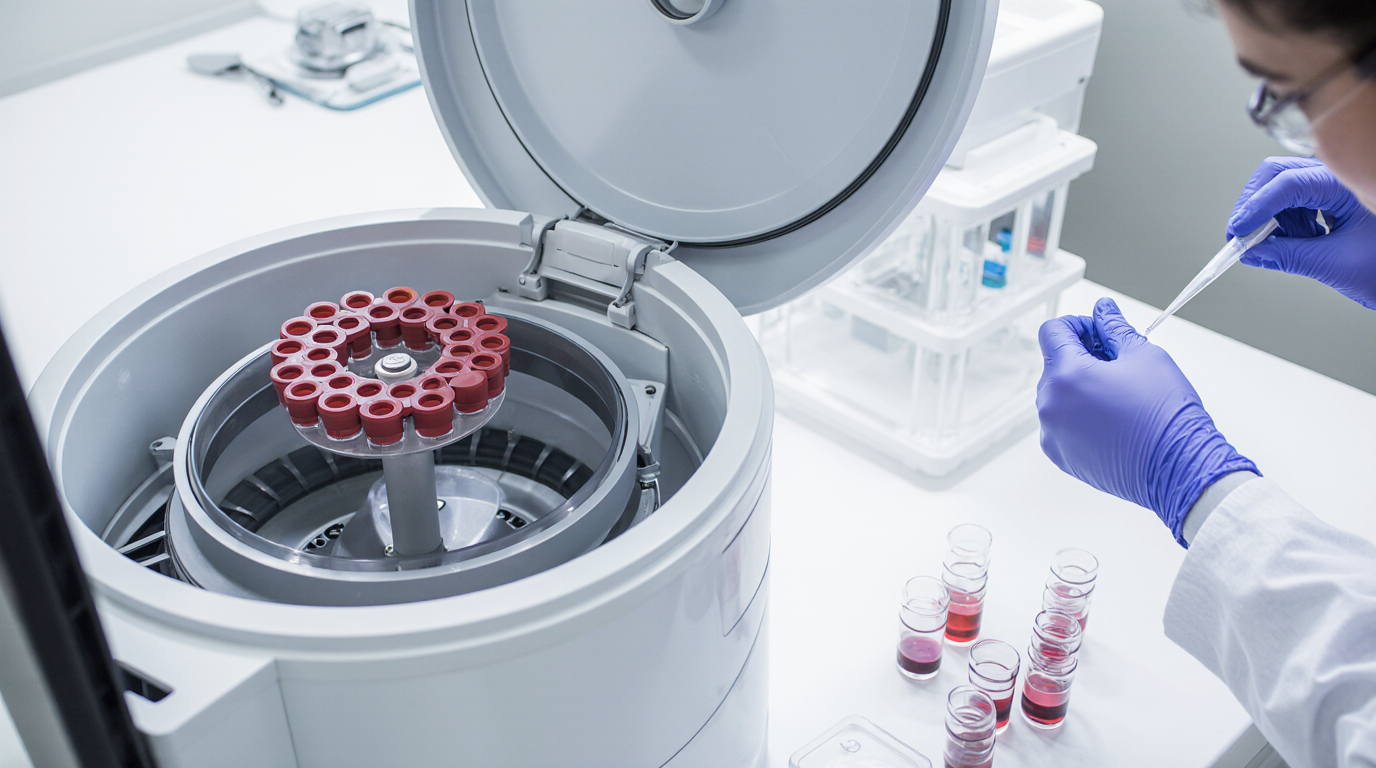 سانتریفیوژ آزمایشگاهی در حال جداسازی نمونه خون؛ مرحله پیشتحلیلی و پیپتینگ